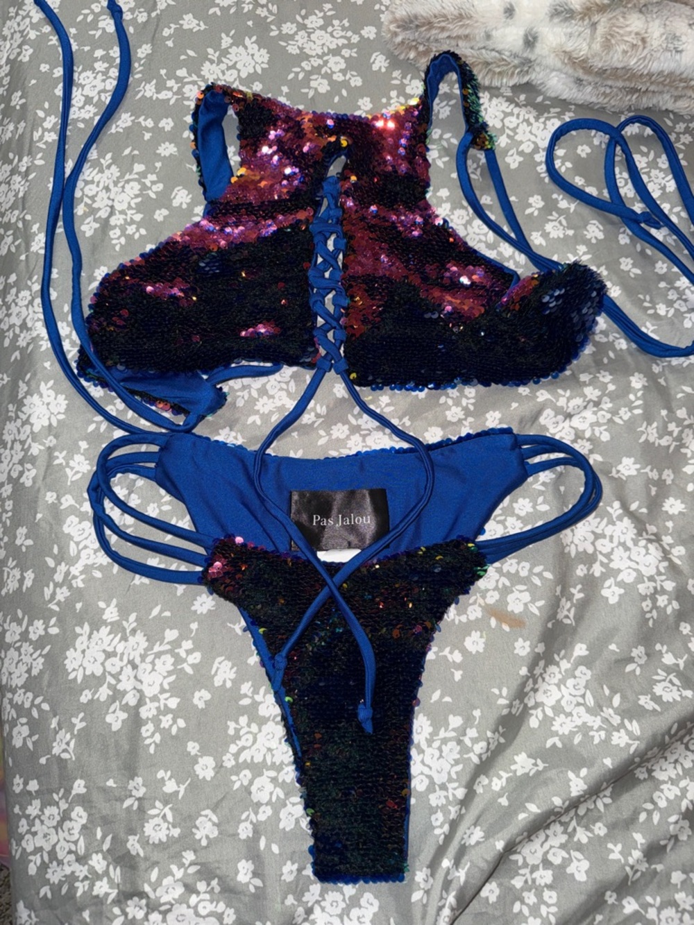 Blue Sequin Lace-Up Bikini Set